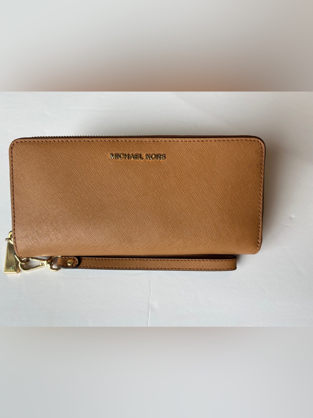 MICHAEL KORS Tan Saffiano Zip-Around Wallet Wristlet